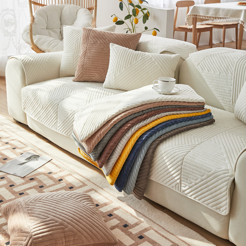 毛绒超柔绗缝加厚沙发垫纯色水晶绒刺绣格子防滑沙发坐垫套巾批发