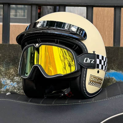 Motosiklet kaskı (dəbilqə) — Be Equipped with Bluetooth Headphones - beige-badge-retro-black-gold-goggles-m