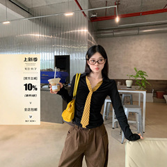 宋正恩黑色polo领内搭打底衫女秋季韩系修身短款设计长袖t恤上衣