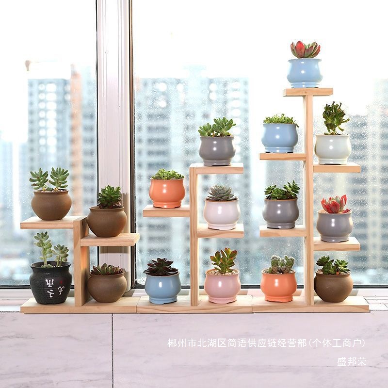 Fábrica directa de madera sólida flotante estante de flores multicapa sala de estar interior estante de flores de escritorio pequeño balcón estante de maceta de flores