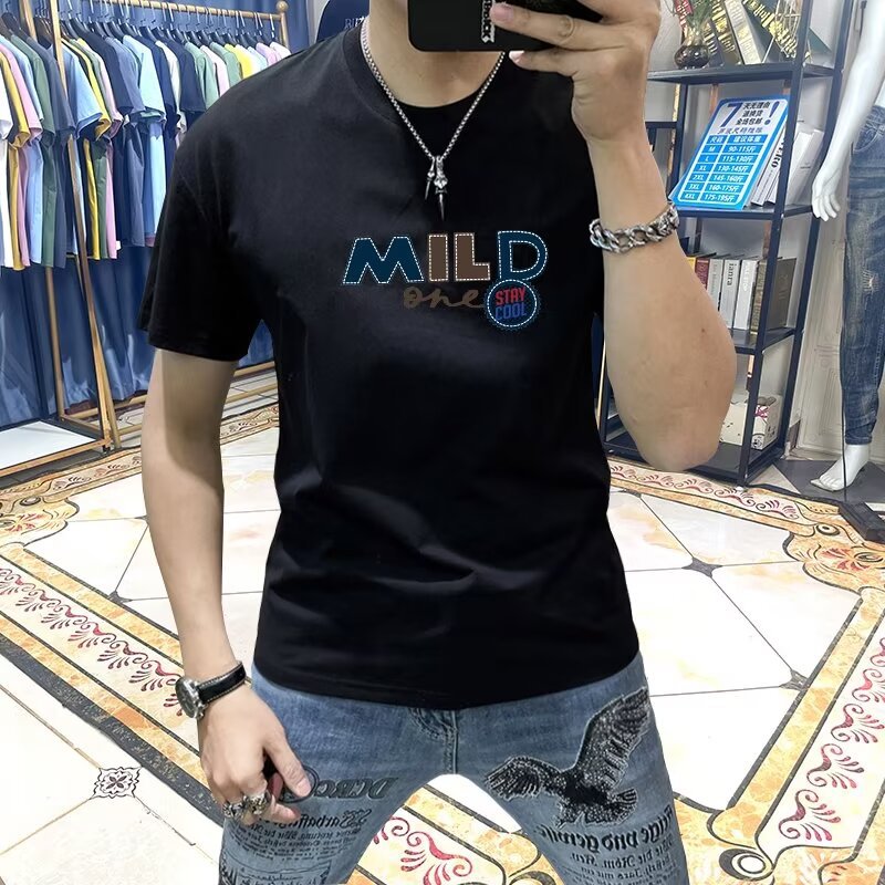 T-shirt col rond pour hommes, polyvalent, décontracté, demi-autocollant, lettre brodée, tendance, manches courtes, mode hiver 2023_voghion.com