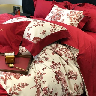 定制现代婚庆全棉四件套纯棉100支结婚数码印花被套床上用品床笠