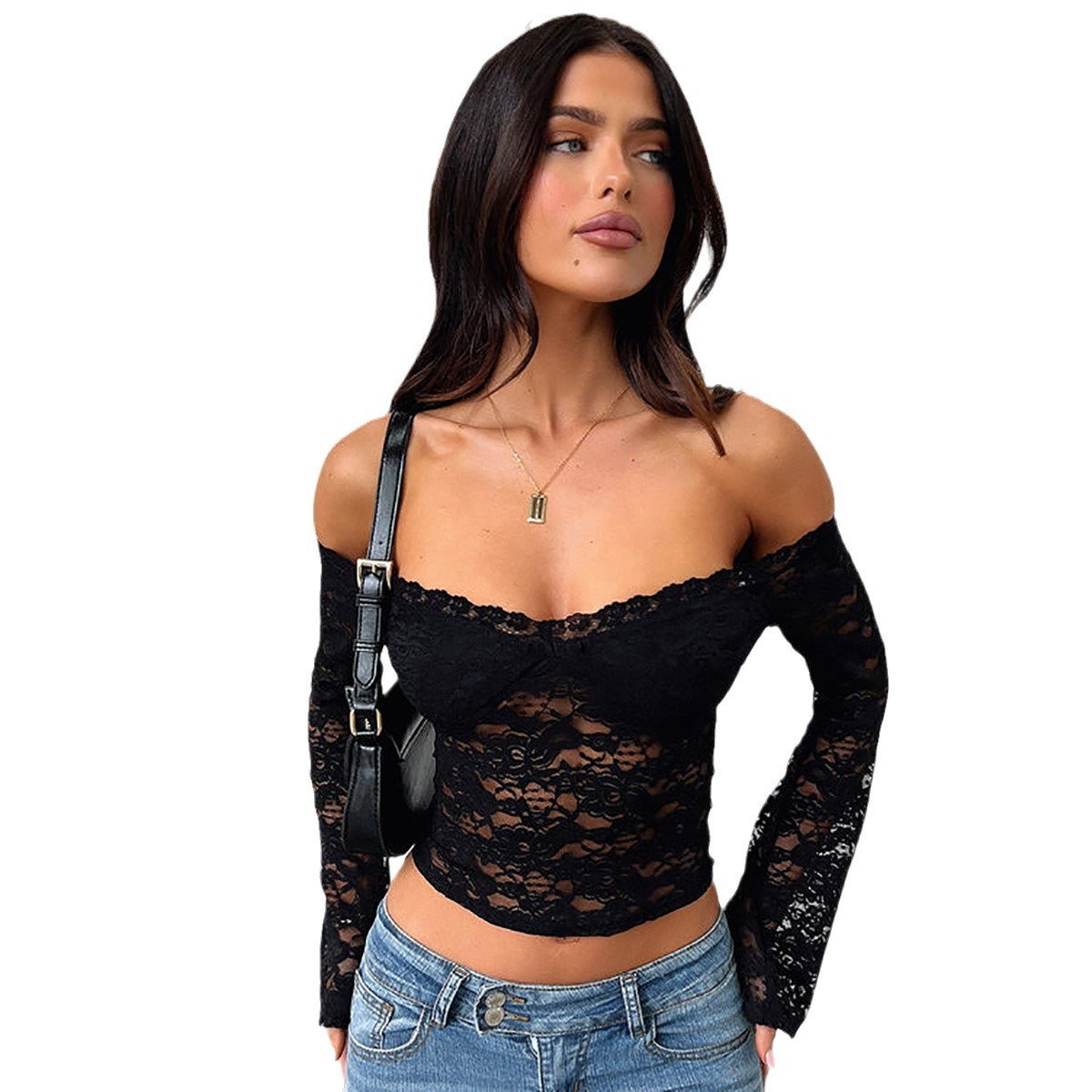 2024 otoño transfronterizo de ropa de mujer europea y americana nueva moda sexy caliente delgada encaje de manga larga camisa corta image 6