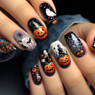 European and American 2025 New Halloween Wear Nails Black Pumpkin Head Bat Spider Web Pattern Fake Nails