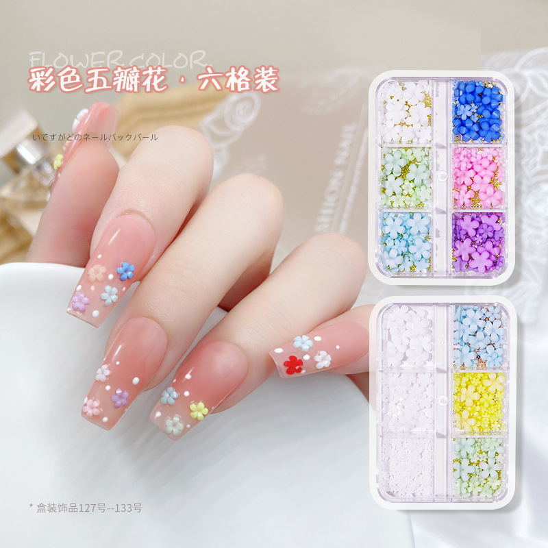6-grid boxed five-petal flower nail jewelry wholesale gold and silver beads resin three-dimensional white small flower nail decorations