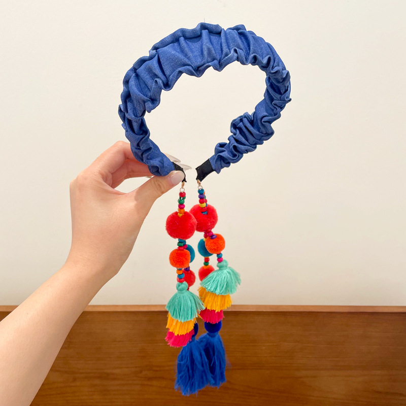 Blue pleated ball tassel headband