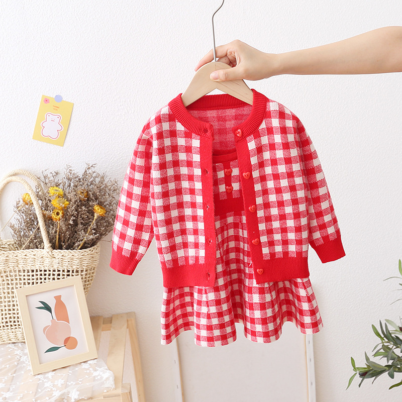 Pullover-Set 2023 Neues Prinzessin-koreanisches kariertes Mädchen süßes und modisches Wollkleid_voghion.com