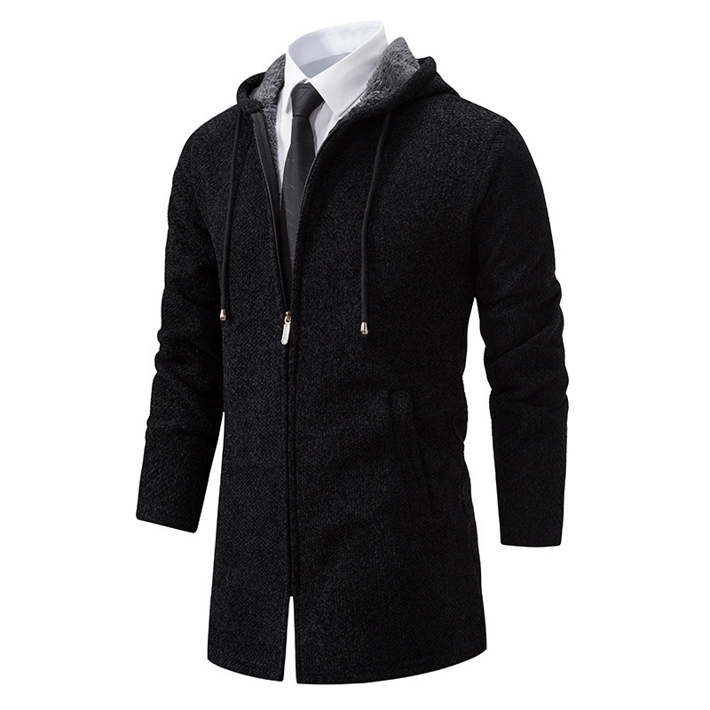 2023 autumn and winter new men's sweater top hooded sweater mid-length fleece-lined thick cardigan fashion trend