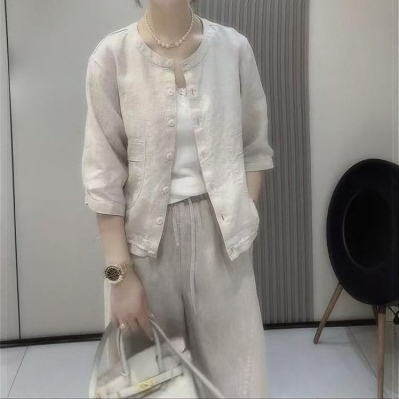 2026 Summer Trendy New Fashion Linen Suit for Women with a High-End Feel, Elegant Solid Color Slimming Jacket + Wide-Leg Pants 2026 Summer Trendy New Fashion Linen Suit for Women with a High-End Feel, Elegant Solid Color Slimming Jacket + Wide-Leg Pants
