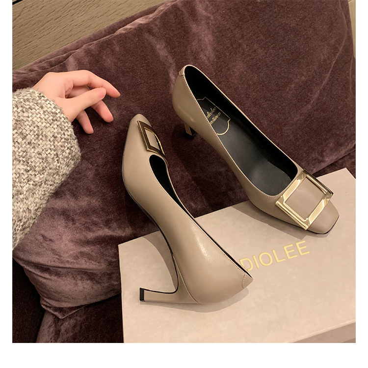 High-grade cowhide version ~ Grape mom same style French elegant square buckle stiletto heel square toe shallow mouth commuter shoes for women