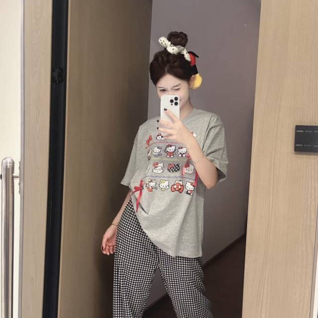 Katie Girl's Long-Pajamas Women's Season Cotton Short-Sleeved Trousers Japanese Style Cute Cartoon Home Clothes Set