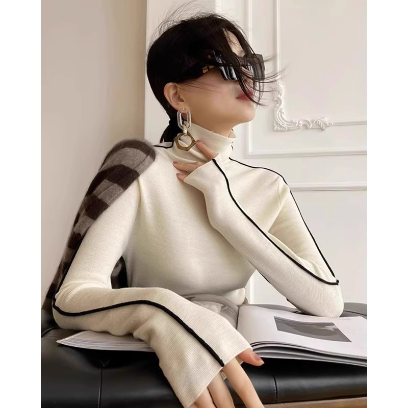 Contrast Color Turtleneck Pullover Knitted Bottoming Shirt for Women in Autumn and Winter Pile Collar Sweater with High-Bottom Long-Sleeved Slim Fit Top Contrast Color Turtleneck Pullover Knitted Bottoming Shirt for Women in Autumn and Winter Pile Collar Sweater with High-Bottom Long-Sleeved Slim Fit Top