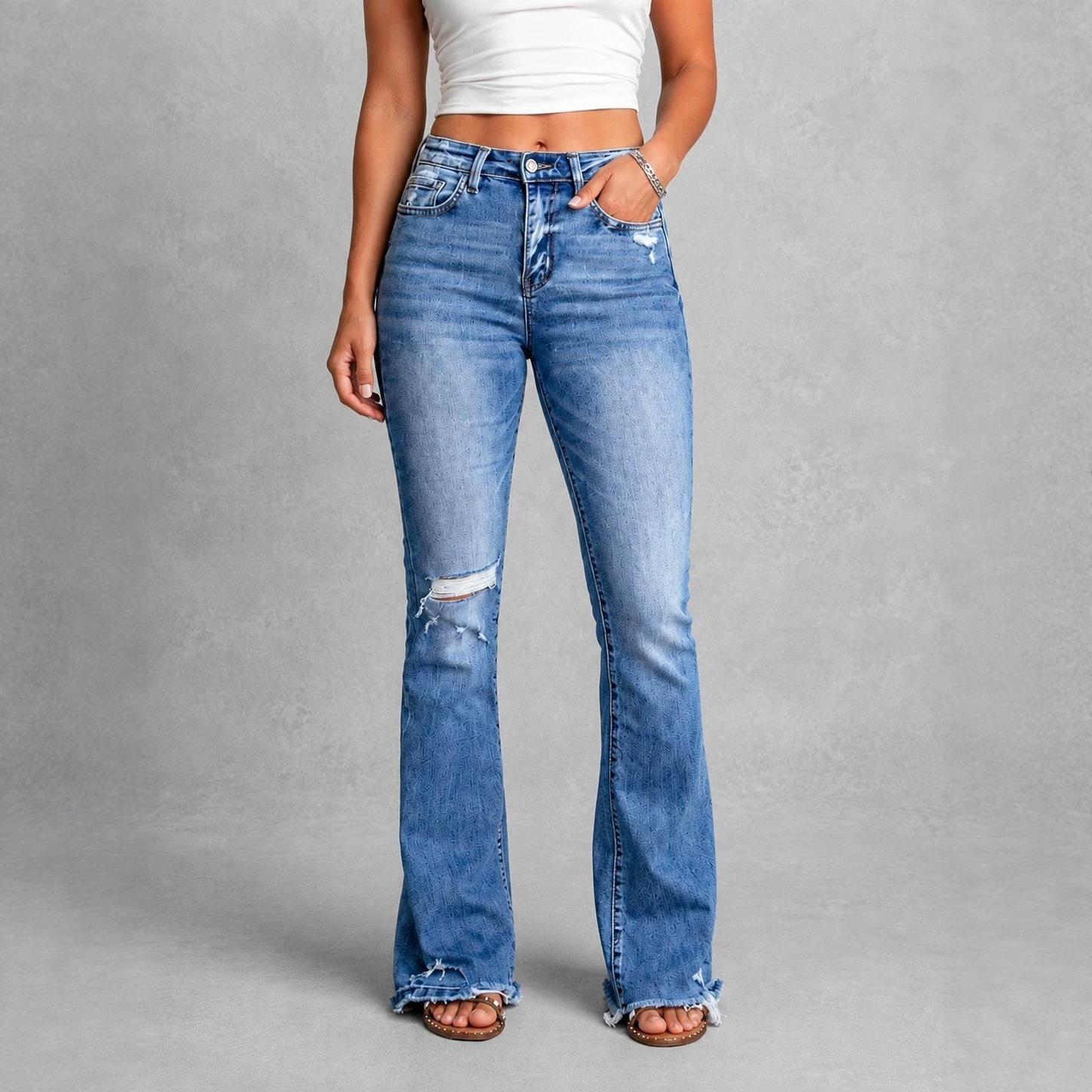 2026 European and American Cross-Border New Women's High-Waisted Stretchy Frayed Ripped Fashion Flared Jeans Long Pants for Women