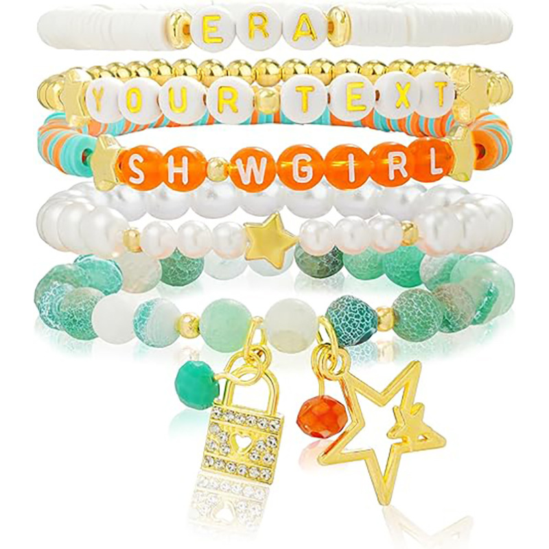 Handmade Beaded Bracelet Set, Orange and Weathered Stone 5-Piece Lock and Star Pendant Elastic Gift Bracelet Jewelry Handmade Beaded Bracelet Set, Orange and Weathered Stone 5-Piece Lock and Star Pendant Elastic Gift Bracelet Jewelry
