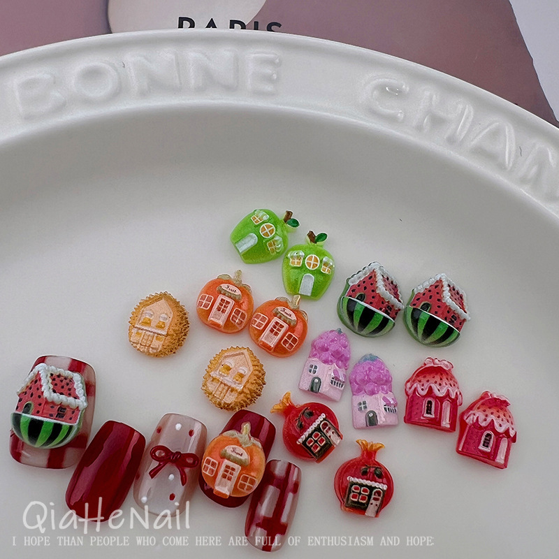Cartoon Creative Fruit House Fun Watermelon Pumpkin Durian Vegetable Cartoon Resin Three-Dimensional Nail Decoration Accessories Sticker