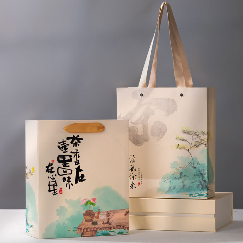 简约复古风茶叶手提袋加厚白卡茶礼袋手拎袋散茶叶包装袋纸袋