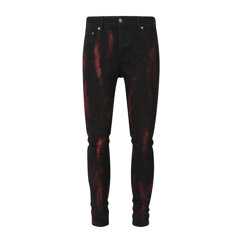 Ksubi Wipe Old Washed Slim-Fit Jeans American Black and Red Tie-Dye Painted Trousers for Men