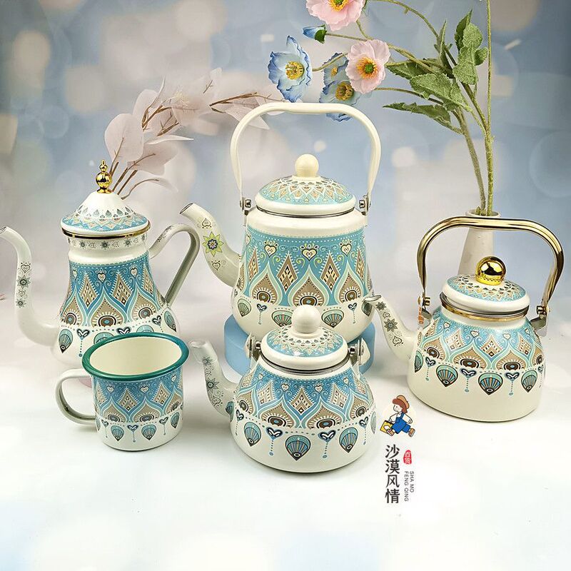 Xinjiang Ethnic Style Enamel Thickened Enamel Kettle Water Kettle Enamel Milk Cup Tea Kettle Coffee Restaurant Pot