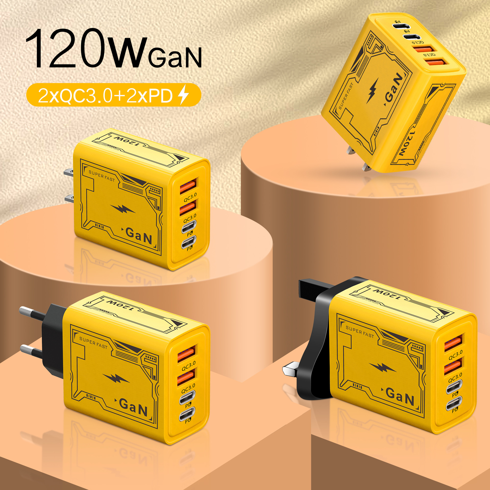 Mecha Pd120W Smart Plug Dual Type-C+ Dual USB Multi-Port Adapter European, American and British Mobile Phone Charger