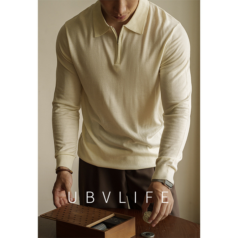 Old Money Style Mulberry Silk and Wool Blend Half-Zip Lapel Knit Sweater Men's 2026 Spring Casual Long-Sleeve T-Shirt