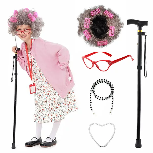 Stage Props Table Performance Old Lady Wig Old Granny White Wig Curly Hair Headset Hair Curler