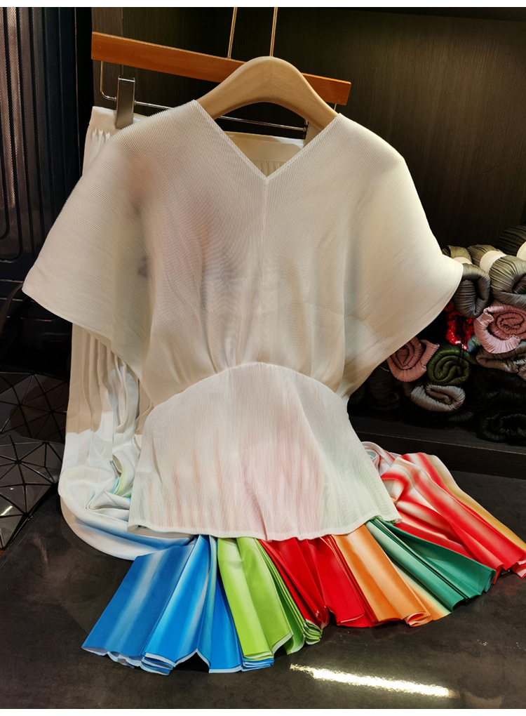 Elegant Butterfly Print Two Piece Set For Women V-Neck Short Sleeve Top & Pleated Midi Skirt Casual Mid-Calf Length Polyester_ecoleips.com