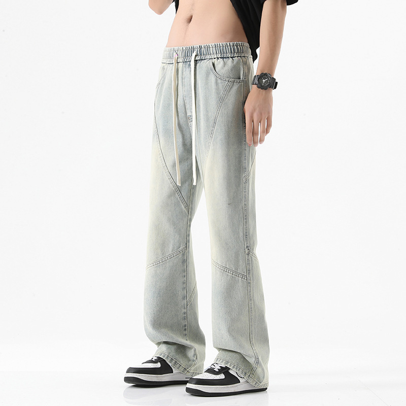 Spring and Autumn New Men's American High Street Micro-Flared Jeans Loose Retro Washed Splicing Elastic Waist Elastic Pants Spring and Autumn New Men's American High Street Micro-Flared Jeans Loose Retro Washed Splicing Elastic Waist Elastic Pants