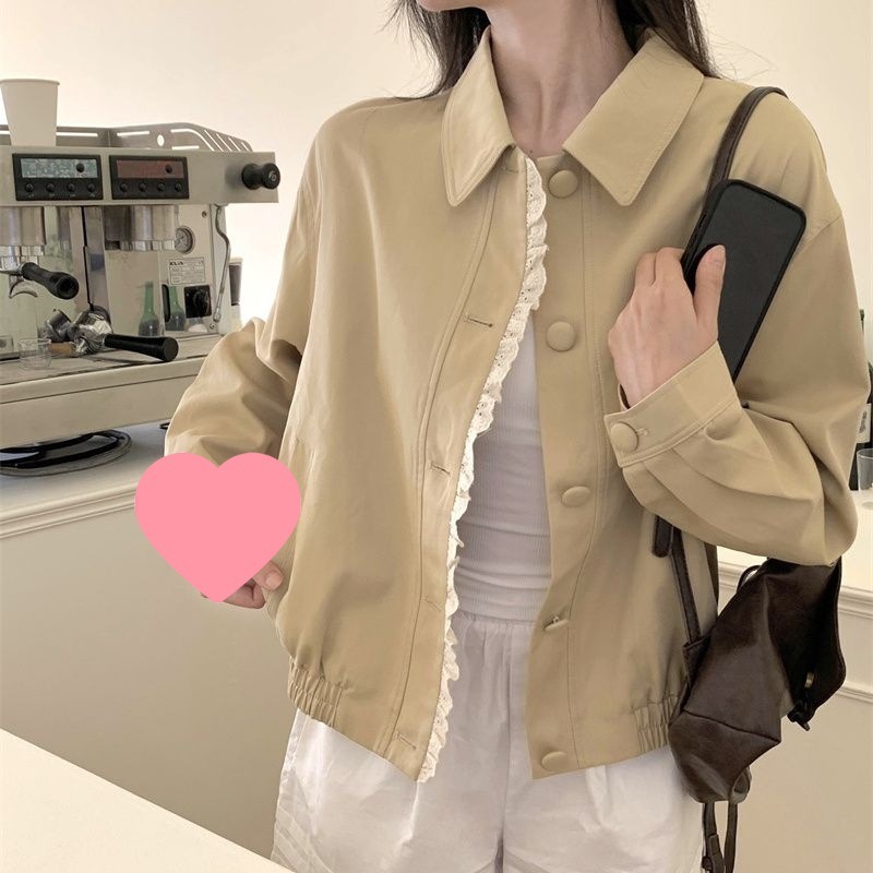 花边拼接翻领长袖夹克外套女秋季新款短款设计感棒球服上衣潮|undefined