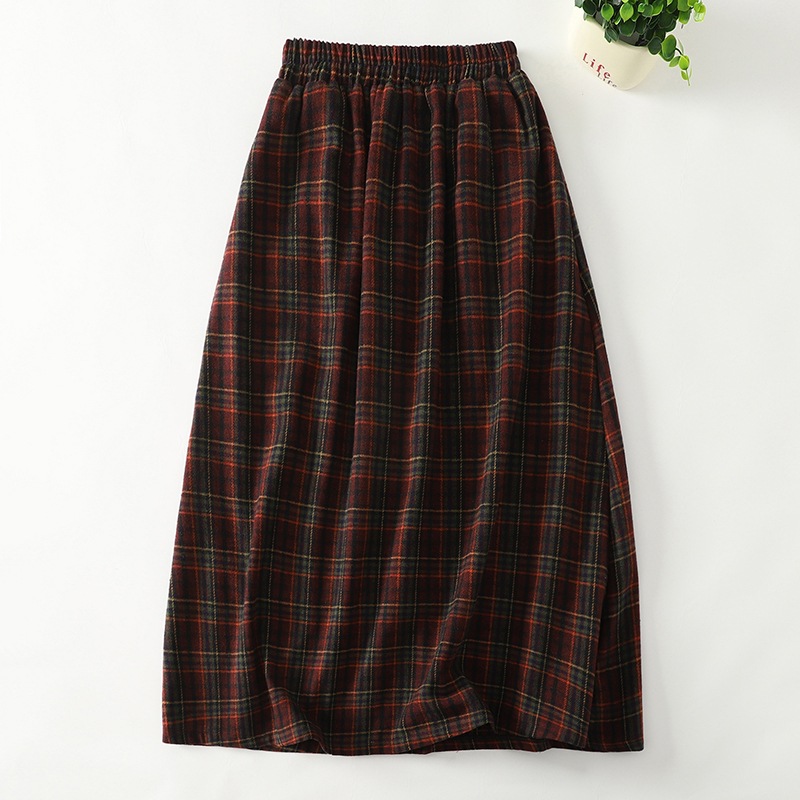 Retro plaid autumn demi-season woolen red colored long skirt