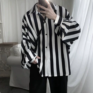 旋律风车黑白条纹衬衫男韩版潮流夏季宽松泡泡袖衬衣长袖休闲寸衫