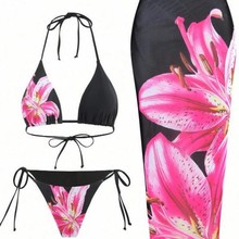 印花比基尼挂脖系绳跨境欧美修身长裙三件套泳衣性感沙滩网纱泳衣