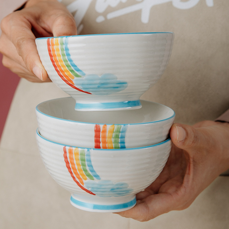 [New] Creative Underglaze Salad Bowl Nordic Tableware Microwave Rainbow Rice Bowl Household Ceramic Bowl Tableware