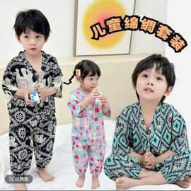 棉绸儿童家居服套装薄款男童女童夏季空调服宝宝卡通吸汗睡衣短袖
