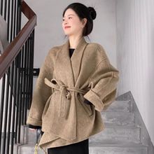 韩版卡其色毛呢大衣女士冬季加厚浴袍系带收腰短款外套气质高级感