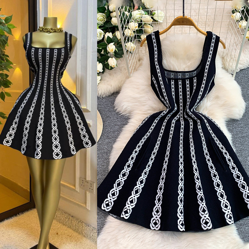 Luxury Petite Embroidered Knit Dress for Women Elegant Slimming A-Line Slip Summer Style Striped Charm_ecoleips.com