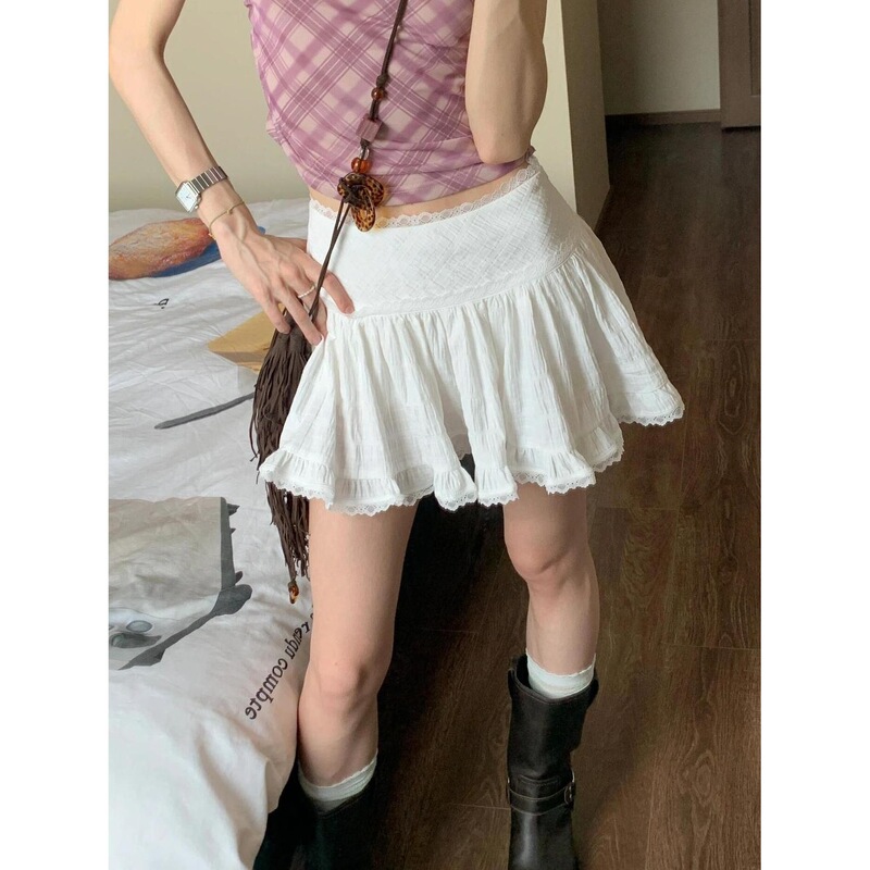 芭蕾风白色半身裙女夏季短款高腰修身蕾丝防走光花边字蓬蓬裙新品|undefined