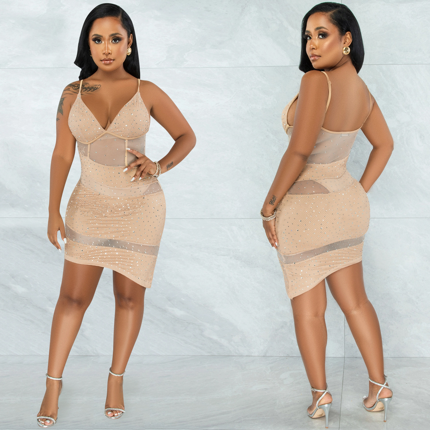 X5575 transfronterizo europeo y americano moda ropa de mujer sexy con cuello en V malla perspectiva discoteca caliente rhinestone Sling vestido irregular