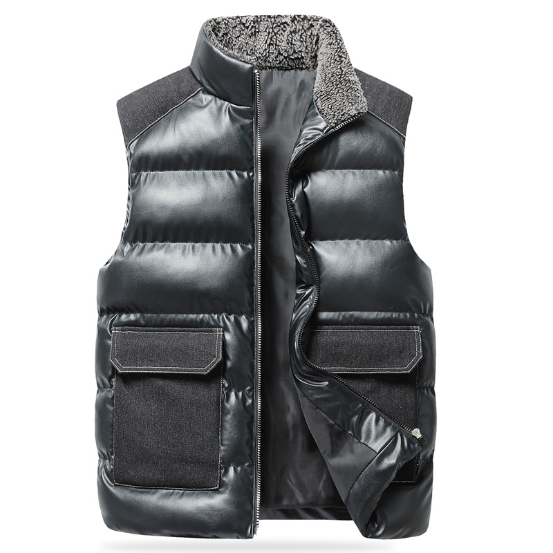 Hombres al por mayor retro collar chaleco caliente de invierno de mediana edad holgado grueso hombro chaleco de cuero de bolsillo grande