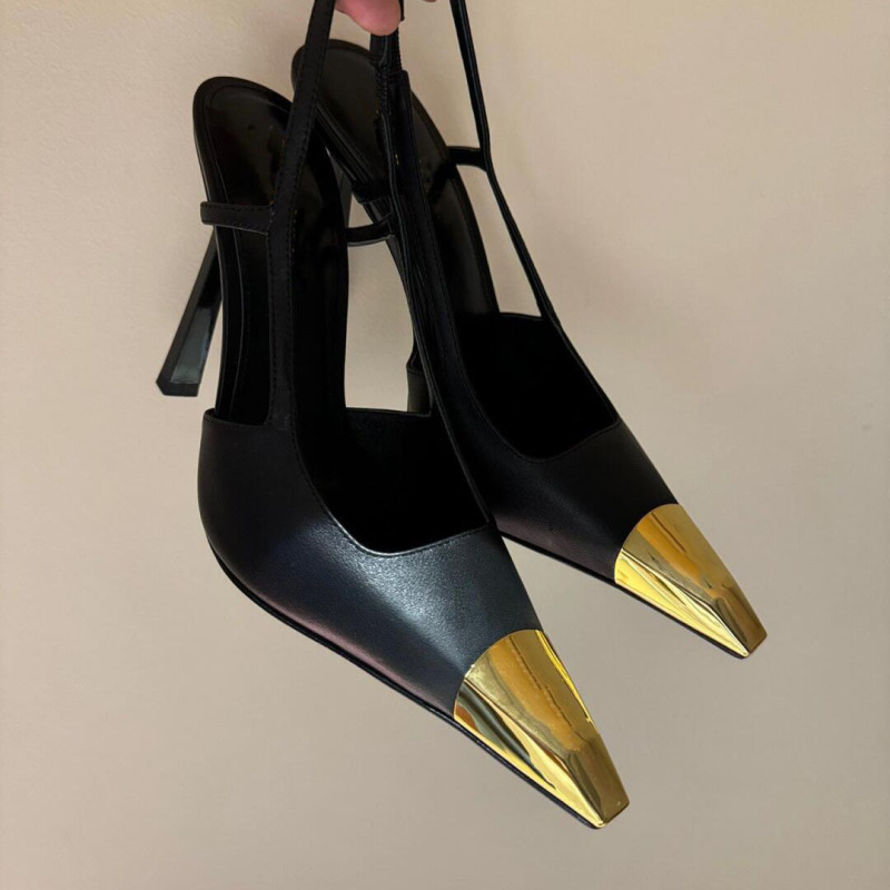 Rose Park Caiying Same-style Gold Metal Iron-toe High-heeled Shoes Women's Side Strap Sexy Stiletto Heel Leather Topper Sandals