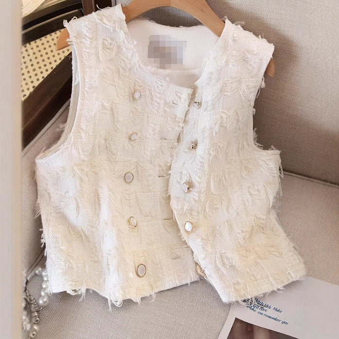 Celebrity Xiaoxiang Style Vest 2025 Spring New Women's Round Neck Tweed Cardigan Double-Breasted Sleeveless Tassel Vest