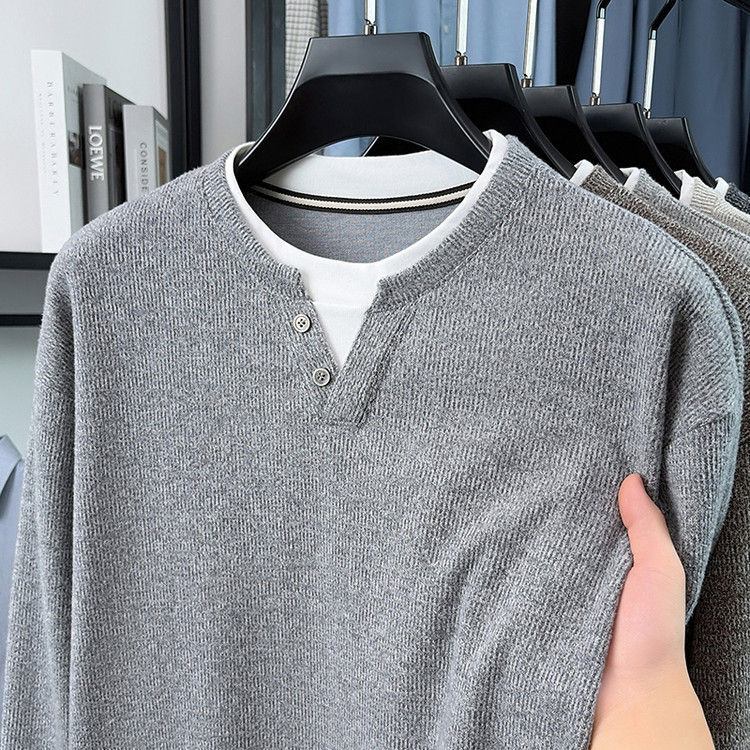 Popular men's faux two-piece long-sleeve base shirt, new casual men's wear for young and middle-aged men, 2026 autumn and winter collection