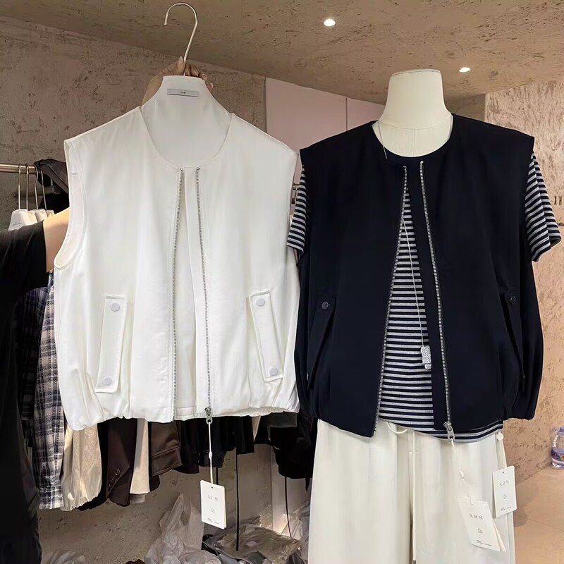 Factory Direct Sale Autumn New Simple Versatile Loose Top Zipper Round Neck Sleeveless Vest Short Jacket Women's Vest