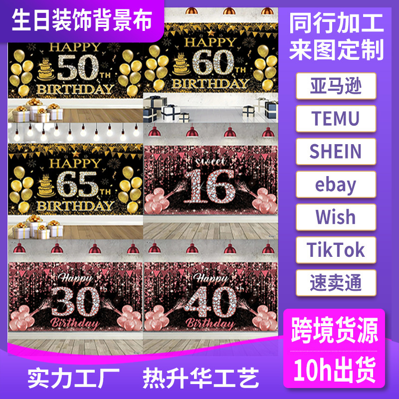 クロスボーダーブラックゴールド誕生日年齢写真バナー誕生日パーティーシーン写真撮影布用品小道具背景布|undefined