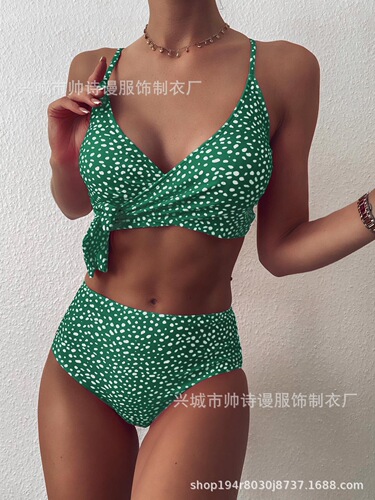  New European and American Style Sexy Floral Cross-Tie High-Waisted Two-Piece Bikini Swimsuit for Women