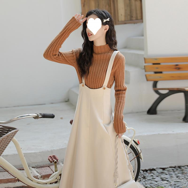 가을 | 겨울 2021 새로운 프랑스 스타일 우아한 레트로 모직 슬링 원피스 미디 원피스 서스펜더 스커트 세트