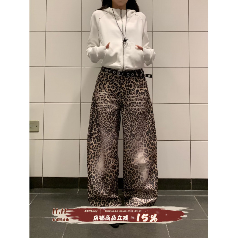 American-Style Design Leopard Print Jeans for Women, Autumn and Winter, Plus Size, High-Waisted, Drapey, Slimming Wide-Leg Pants, Straight Long Pants