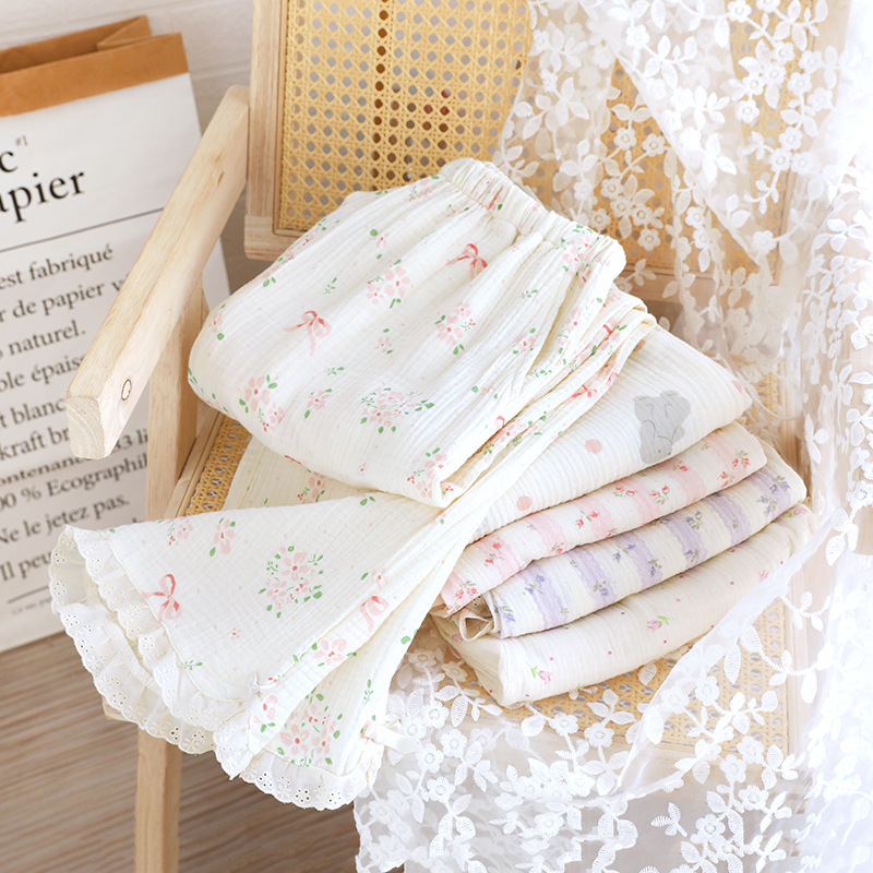 Spring and Summer Pajama Pants Women's Cotton Double-layer Gauze Loose Pants Floral Thin Lace Casual Outwear Home Pants