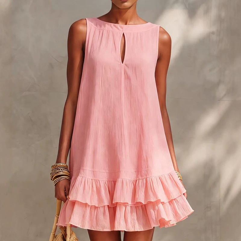 New Cross-Border Style Sleeveless Casual Boat Neck Dress, Loose and Elegant Ruffled Vacation Dress, European and American Foreign Trade Short Dress