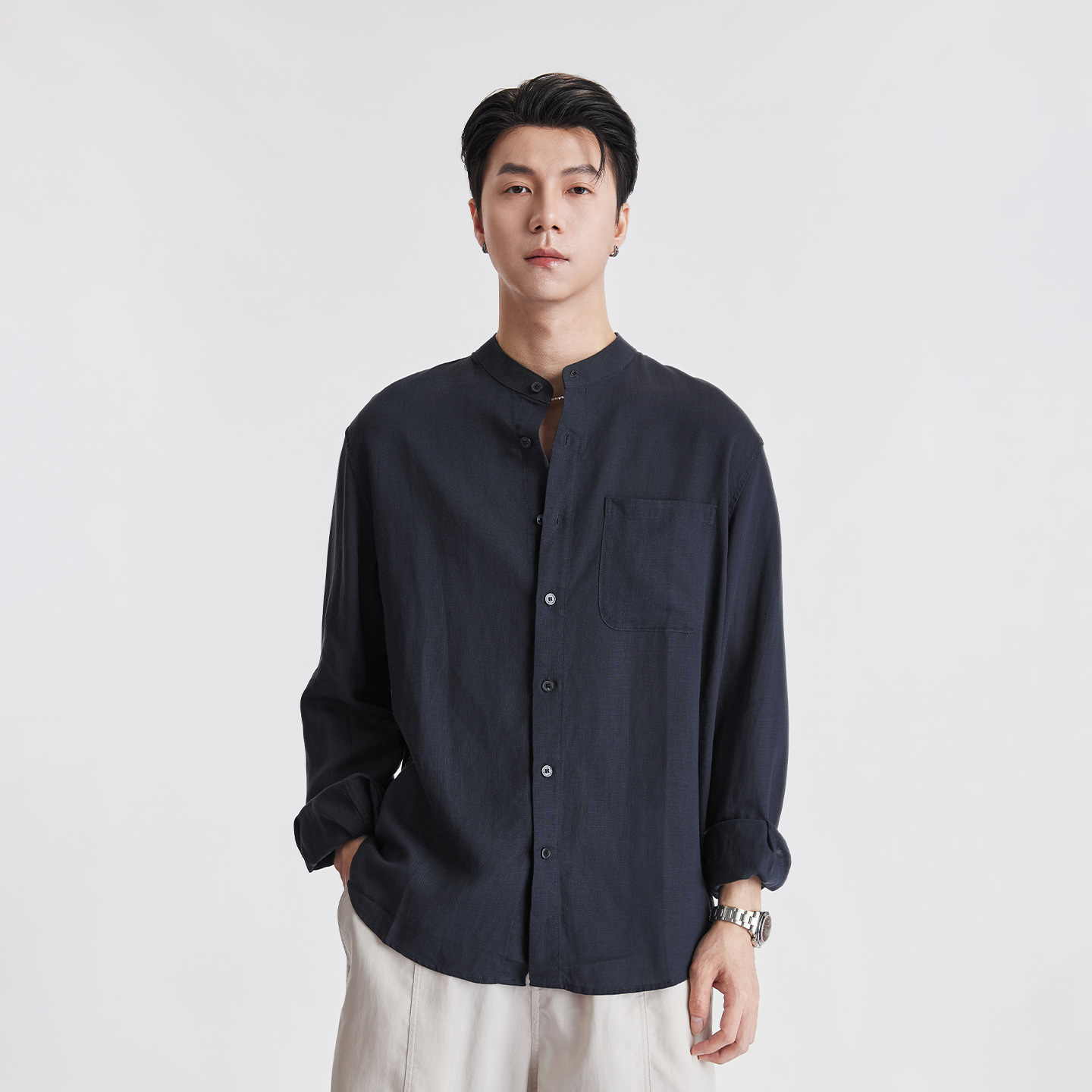 Áo sơ mi nam linen cổ đứng tay dài mùa hè, chất liệu lanh thoáng khí, phong cách Trung Hoa, túi đơn — Xanh navy