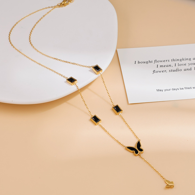 Titanium Steel 2023 Black Butterfly Tassel Necklace Square Zircon Clavicle Chain Trendy Fashion Women Titanium Steel 2023 Black Butterfly Tassel Necklace Square Zircon Clavicle Chain Trendy Fashion Women